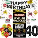 Roetyce 40th Birthday Decorations Men Women, Caution Logo Level 40 Unlocked Banner Backdrop Balloons Hanging Swirls Kit, Funny 40 Years Old Yard Wall Sign Door Cover, Black 40 Zone Party Supplies