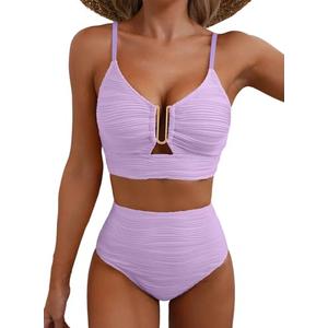 Herseas Women's Ribbed Bikini Set Spaghetti Strap U Wire V Neck 2 Piece Popular Swimsuits High Rise 2026 Summer Beach Fashion Outfits Slimming Bathing Suit Light Purple Large