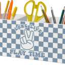 Blue Checkered Classroom Pen Pencil Holder Organizer for Desk Accessories, Trendy Preppy Long Live Play Time Wooden Box Sign Desk Decor for Kids Boys Room Bedroom Playroom Decoration