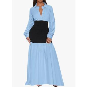 Women's Casual Puff Long Sleeve Button Down Loose Cotton Maxi Shirt Dress (Blue, XL)