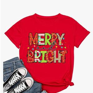 Woffccrd Womens Funny Christmas Shirts Merry and Bright T-Shirts Christmas Tree Shirts Merry Christmas Graphic Tee Tops Medium