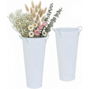 vensovo 9" Tall Galvanized Flower Bucket, 2 Pcs French Metal Vases with Handles, Tabletop Rustic Floral Buckets for Dried Flowers, Wedding Flower Bar & Home Decor, Pure White