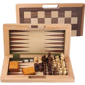 GSE Games & Sports Expert 16" Deluxe 3-in-1 Wooden Folding Chess, Checker & Backgammon Board Game Combo Set, Portable Travel Game Set for Kids & Adults