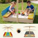 Wooden Sandbox with Cover Lid Adjustable Canopy Foldable Bench Seat Bottom Liner Large Sand Pit Aged 3-12 Outdoor 48x48 Inch Sand Box for Patio Garden Backyard Multicoloured