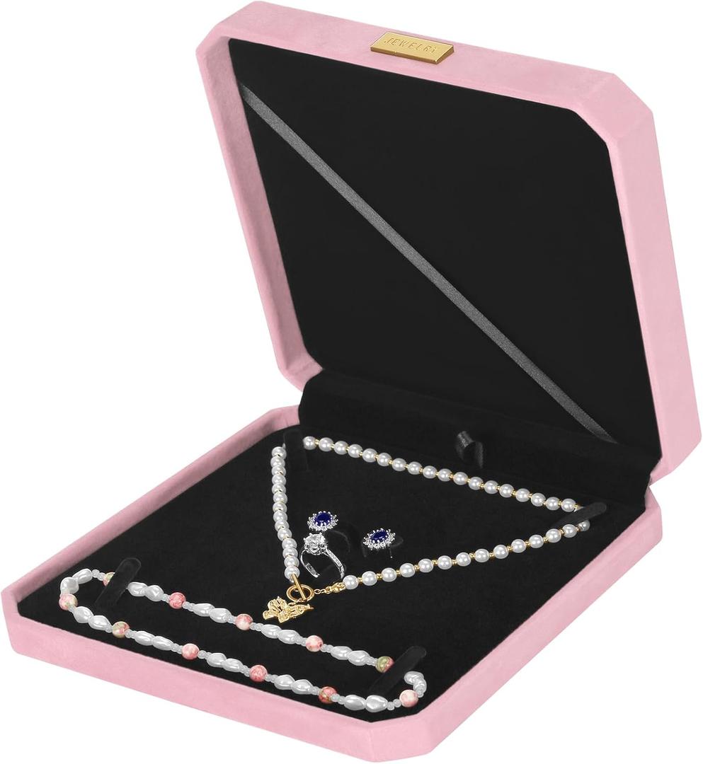 LETURE Large Jewelry Set Gift Box, Velvet Octagonal Necklace Ring Earring Pearl Storage Holder Boxes for Wedding Anniversary,Big Pendant Necklaces Organizer Display Case for Women Girl (Pink)