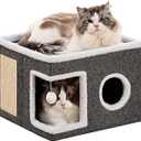Cat Beds for Indoor Cats, Large Cat Cave with Fluffy Ball and Scratch Pad, Foldable Cat Scratch House with Hideaway Condo for Kitten,16x16x13inch,Grey (Single A)