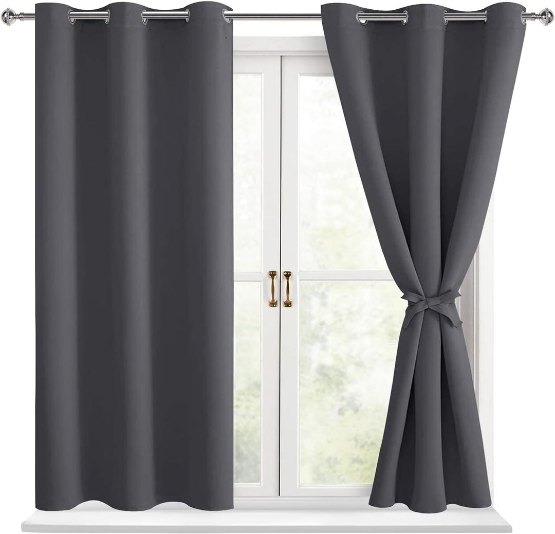 Hiasan Short Blackout Curtains for Bedroom - Thermal Insulated & Light Blocking Window Curtains for Living Room, 2 Drape Panels Sewn with Tiebacks, Dark Grey, 42 x 45 Inch