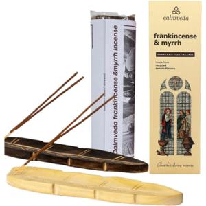 CALMVEDA, Frankincense and Myrrh Incense with Wooden Incense Holder (80 Sticks + 2 Holders) | Beautiful Natural Incense and Holder Combo for Home Decor and Spiritual Practice