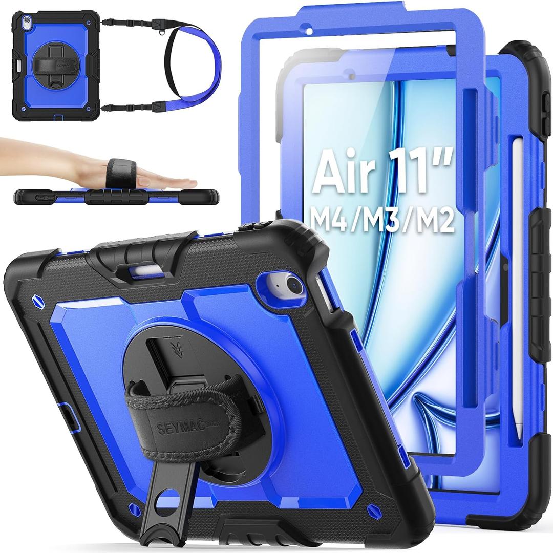 SEYMAC stock Case for iPad Air 11-inch M4-M2 2026-2024 (Gen 8-6), Shockproof Heavy Duty Case with Screen Protector, Pencil Holder, Rotating Stand, Hand Strap, Shoulder Strap, Blue