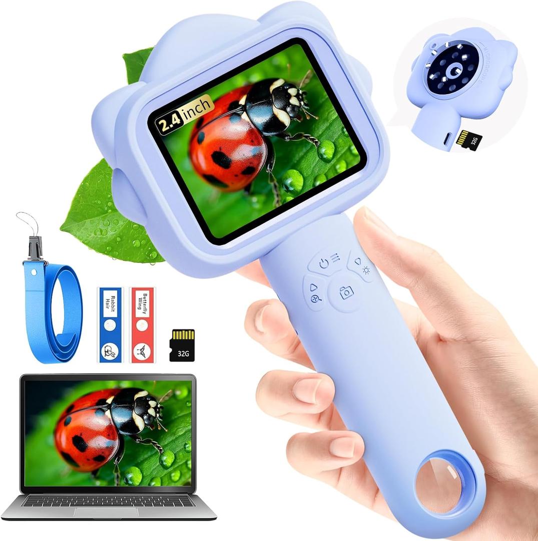 Microscope for Kids, Kids Microscope with Sample Slide, Educational Science Kit Toys for Birthday Gifts Toys for 3+ Year Old Girls, 32GB SD Card Include (Blue)