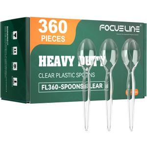 FOCUSLINE 360 Count 6.2 Inch Clear Plastic Spoons Heavy Duty, Solid and Durable Premium Disposable Spoons Bulk, Suitable for Catering, Parties, Events and Everyday Use