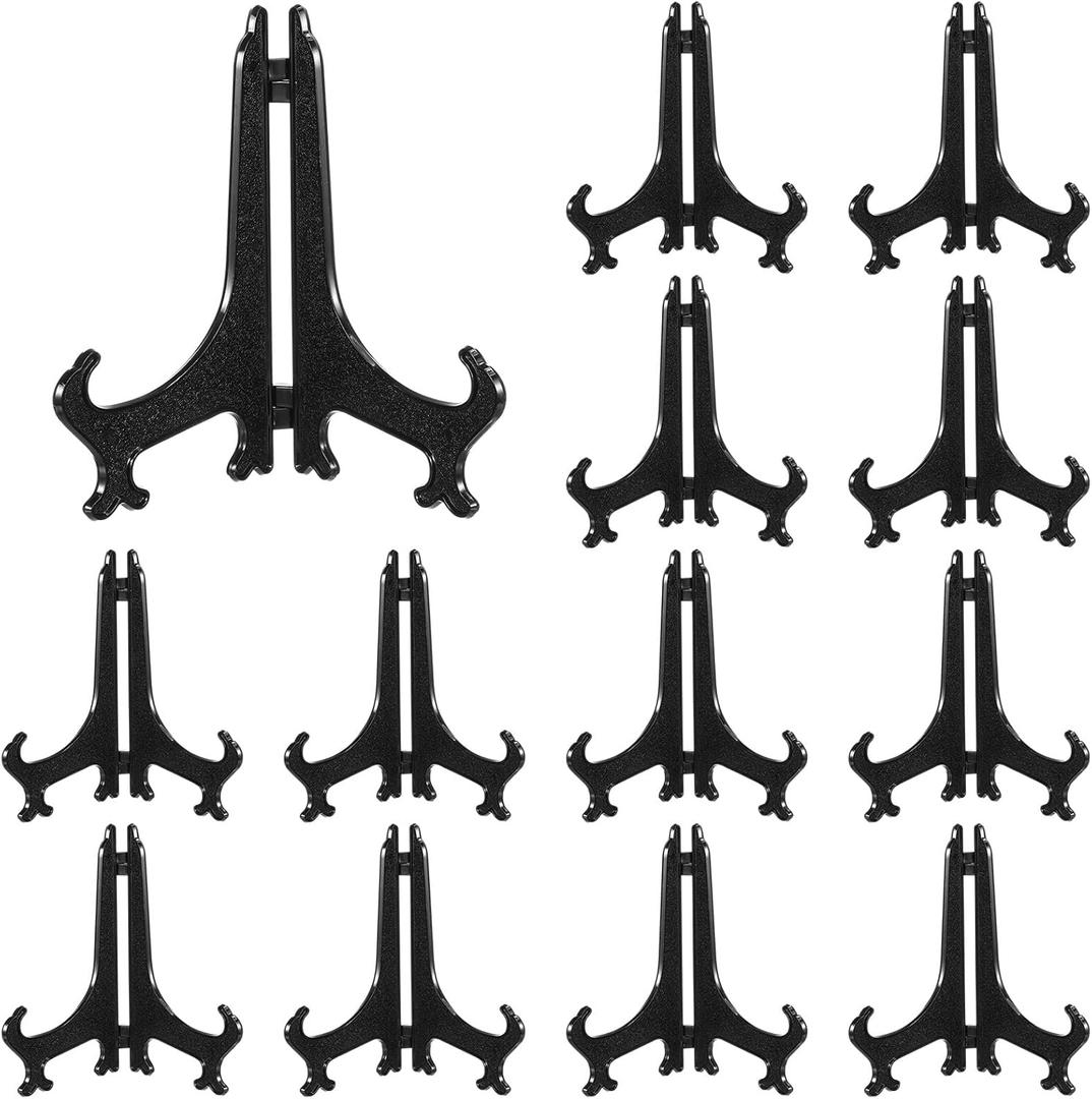 Boao 12 Pack Plastic Easel Stand Display Card Plate Stands Photo Holder Picture Frame Book or Other Items Easel for Weddings, Birthdays, Home Decoration, Tables (6 Inches,Black)