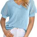 Dokotoo Women's Casual Short Sleeve Loose Crochet Tunic Tops Lightweight Knit Pullover Sweater Blouses (Blue)