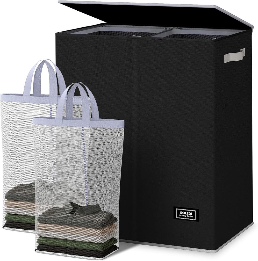 SOLEDI Double Laundry Hamper with Lid and Removable Laundry Bags - Large Dirty Clothes Hamper 2 Section - Collapsible Laundry Baskets for Bedroom, Bathroom, Laundry room, Apartment, Black (145L)