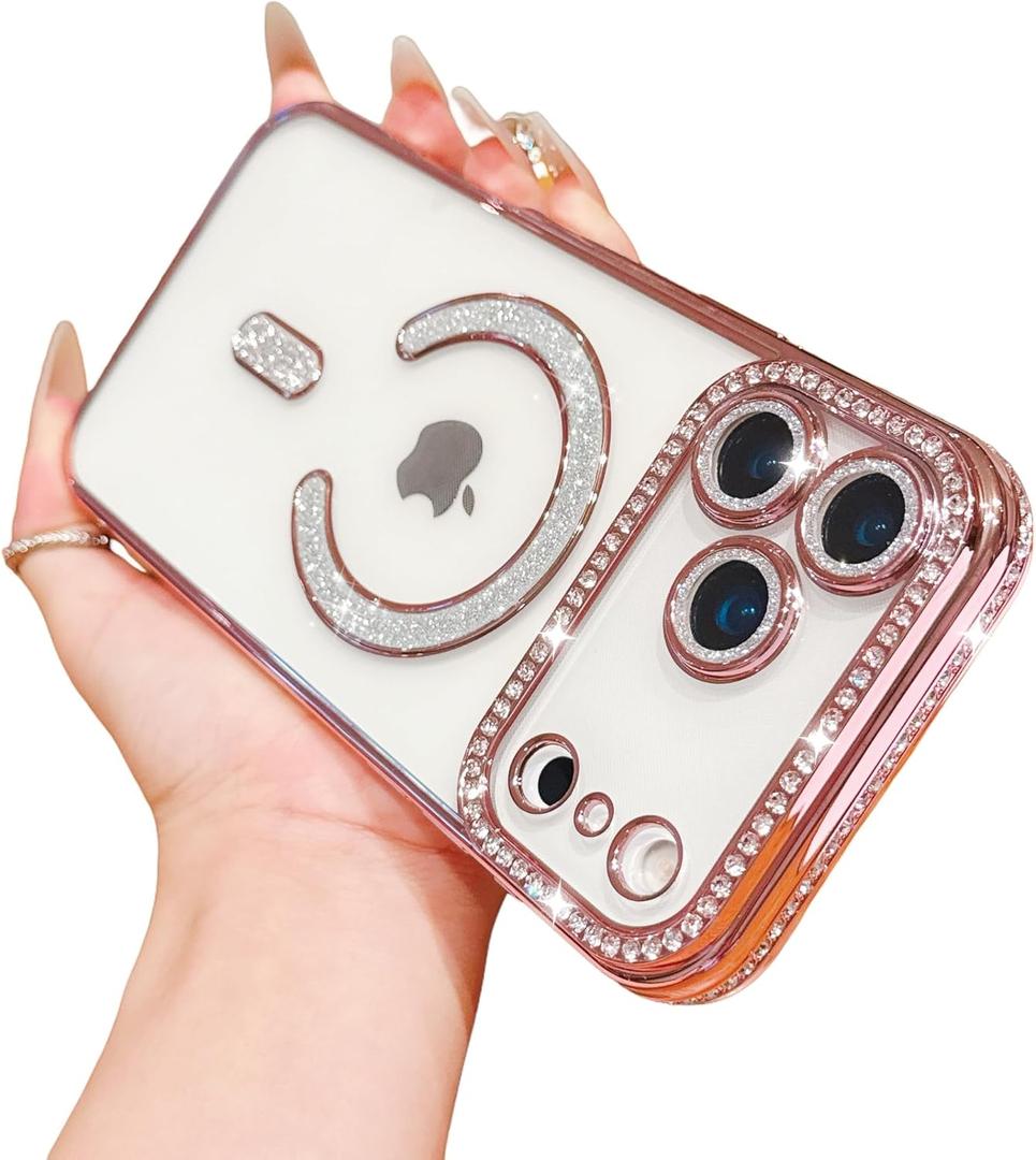 YTanazing Clear Glitter Diamond for iPhone 17 Pro Max Magnetic Case Women [Compatible with MagSafe],Luxury Plating Shiny Bling Rhinestones Soft Bumper Clear Phone Case with Camera Protector, Pink