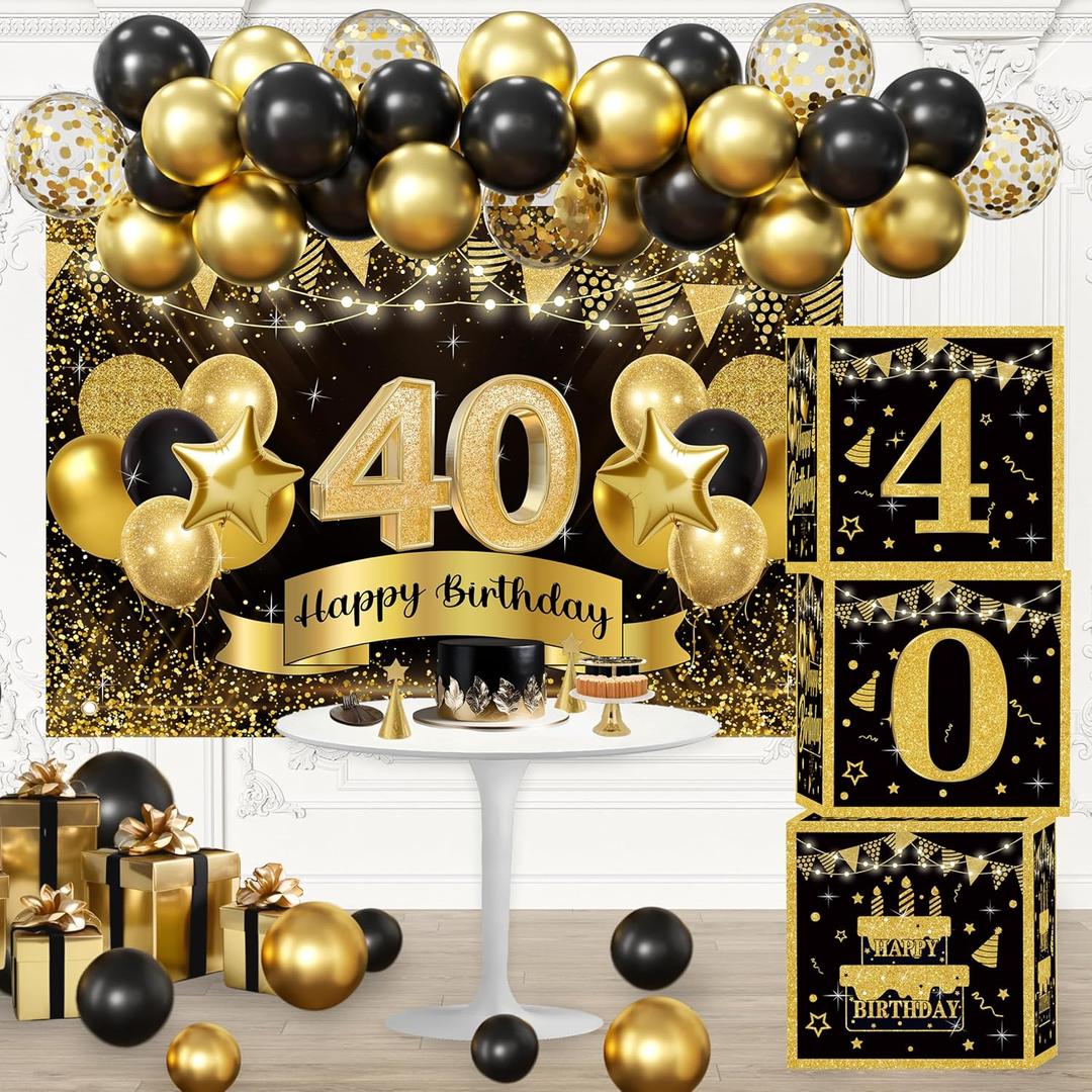 40th Birthday Decorations for Men - happy Birthday Party Backdrop, Black Gold Balloon Arch Kit, 40 Number Boxes Decor Set for boys Party Supplies