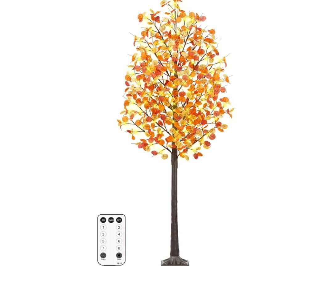 Remon 7FT Lighted Fall Tree - Artificial Fall Light Up Eucalyptus Tree with 170 Lights, 510 Leaves, Remote 8 Flashing Modes, Timing for Thanksgiving Autumn Harvest Indoor Outdoor Decorations