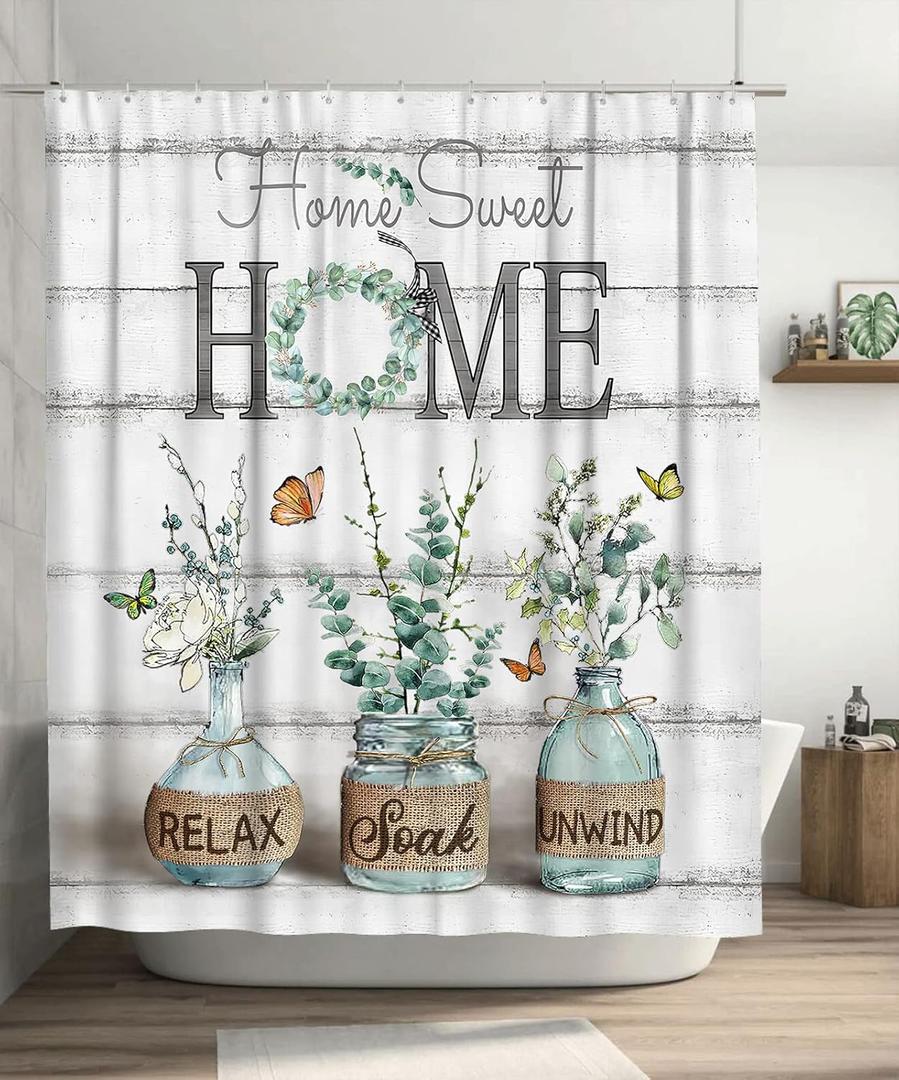 Tijuboni Farmhouse Shower Curtain Green Eucalyptus Shower Curtains for Neutral Country Bathroom Decor Rustic Butterfly Botanical Shower Curtain Set Waterproof Polyester Fabric 60 x 72 Inch (Leaf)