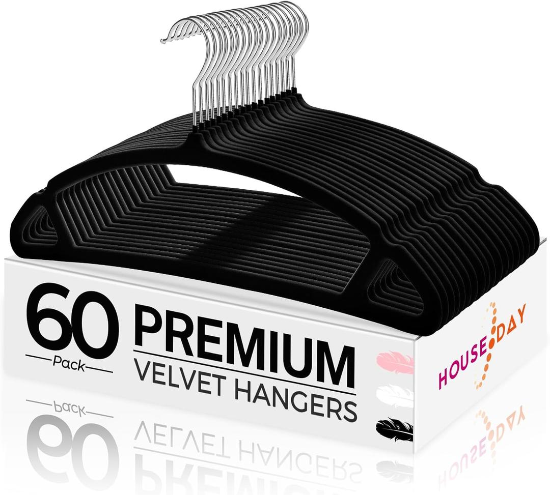 HOUSE DAY Black Velvet Hangers 60 Pack, Luxury Non Slip Felt Hangers, Space Saving Clothes Black Hanger Heavy Duty, No Shoulder Bump Focked Hanger with 360 Swivel Hook for Closet