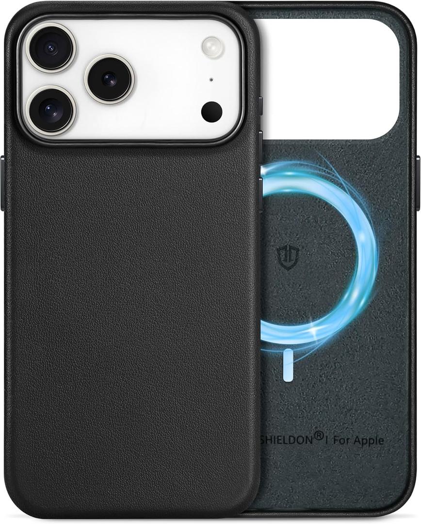 SHIELDON Genuine Leather Case for iPhone 17 Pro Max 6.9" 2025 | Compatible with Magsafe, Magnetic Wireless Charging, Slim Fit, Shockproof, Metal Buttons, Camera Bezel, Protective Phone Cover - Black
