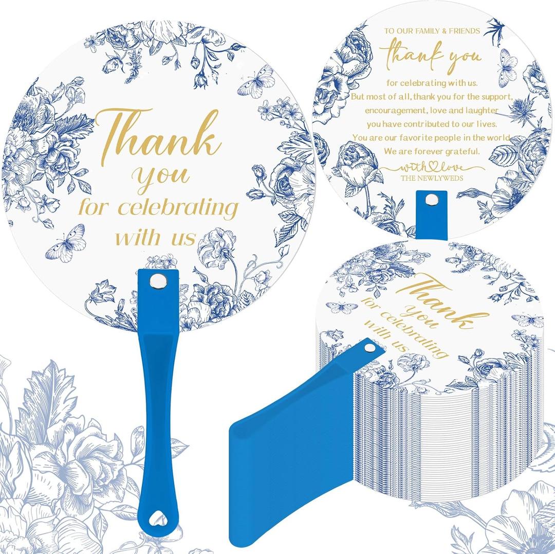 100 Pcs Wedding Hand Fans for Guests Bulk Decorative Plastic Handheld Wedding Favor Fans with Handle Thank You for Celebrating with Us for Ceremony Bridal Shower Party Decor(Blue Flower)