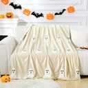 Halloween Ghost Throw Blanket 50x60, Ultra Soft Velvet All-Season Decorative Blankets with 3D Embroidered Ghost, Hidden Zipper for Duvet Insert, Cozy Bed or Sofa Blanket (White)