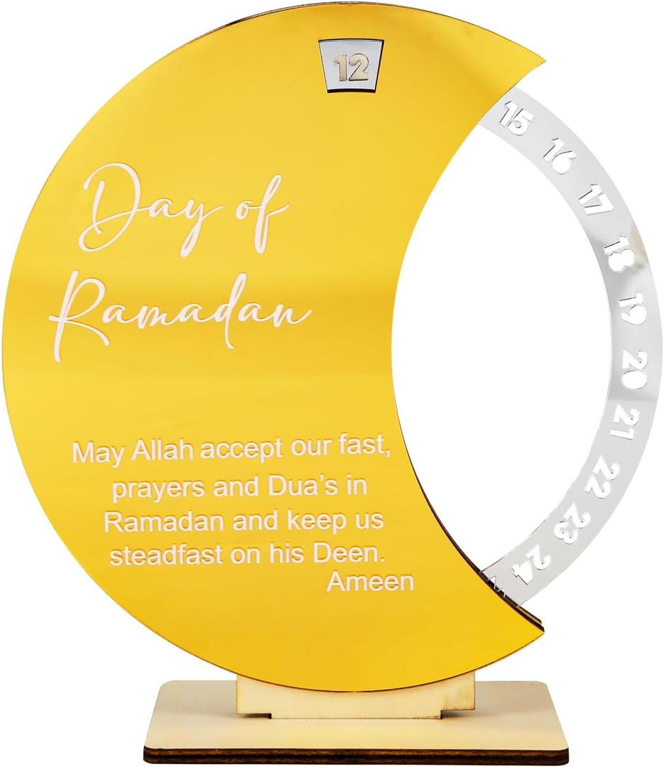Ramadan Countdown Calendar, Acrylic Wooden Eid Mubarak Advent Countdown Calendar Rotate Moon Shaped Eid Calendar Ramadan Decorations for Home Kids Gifts (Style 1)