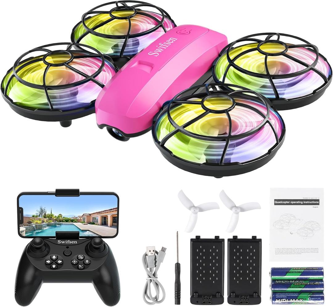 Kids Drone with Camera & Optical Flow Positioning - Mini RC Quadcopter with Full Protection Guard, 2 Modular Batteries, Colorful LED Lights - Easy to Fly Gift for Boys & Beginners (Upgraded Version).