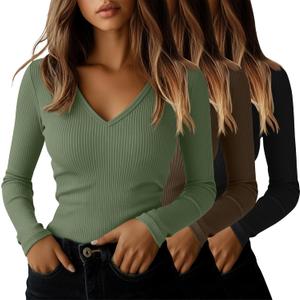 Ficerd 3 Pack Women's Long Sleeve T Shirts Cotton V Neck Slim Fit Tops Ribbed Knit Layering Casual Basic Tees Fall (Medium, Black, Mocha Brown, Matcha Green)
