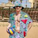 Geosar Men's 2 Pcs 80s 90s Outfit for Men Hippie Shirts and Shorts Set with Hat Neon Disco Halloween Party Costume Clothes (M)