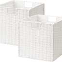 StorageWorks 13 inch Wicker Storage Baskets, Foldable Handwoven Wicker Basket for Organizing, Paper Rope Square Storage Cubes, White, 2 Pack