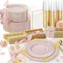 Nervure 350PCS Pink Plastic Plates - Pink Plastic Dinnerware Sets for 50 Guests - 100 Disposable Plates, 150 Gold Silverware, 50 Cups, 50 Napkins Perfect for Wedding & Party & Mothers Day