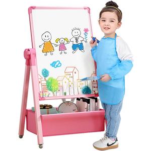 Art Easel for Kids, Double Sided Kids Easel Drawing Board, Whiteboard & Blackboard, 360Rotating Adjustable, Standing Erasable Easel Board, Easel for Classroom (Pink)