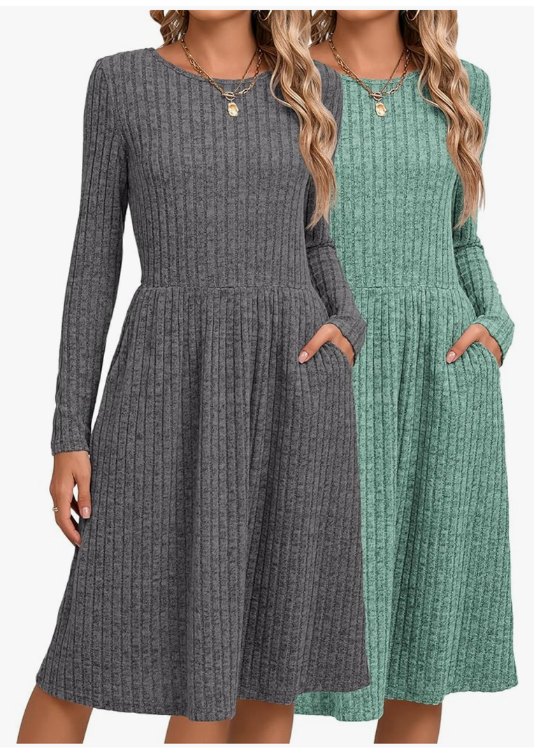 Riyiper 2 Pack Women's Long Sleeve Sweater Dress Ribbed Pleated Casual Round Neck Knee Length Dress with Pocket, Medium, Gray, Green
