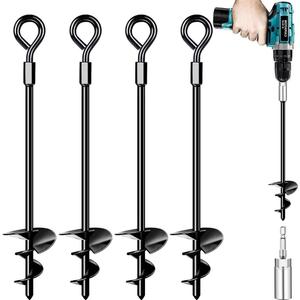 Ground Anchors, Heavy Duty Swing Set Anchors, Spiral Earth Anchor for Trampoline, Camping, Shed, Canopies, Metal Trampoline Anchor Resistant Strong Wind (4x15", Black)