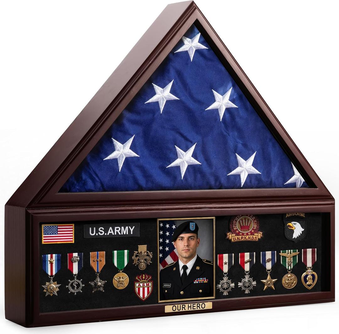 Large Military Flag Display Case with Gold Plate - Wooden Shadow Box Frame for Veteran Burial Flag - Fits 5' x 9.5' Flag - Memorial Medal Display & Shadowbox for Medals & Tri Folded Flag