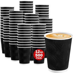 Lamosi Coffee Cups 12 oz 500 Pack, Black Disposable Cups, Corrugated Paper Cups 12 oz, Ripple Wall Insulated Water Cups for Hot Beverage