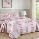 Patchwork Quilt Set King Size, Pink Floral Plaid Bedspread Coverlet Set Boho Rustic Quilt Bed Cover, 3 Piece Soft Microfiber Reversible Pink Grey Bedding Set for Women Girls