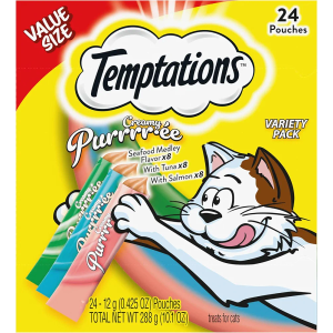 Temptations Creamy Puree Mix-Ups Squeezable Lickable Wet Cat Treats, Tuna Flavor, Salmon Flavor, and Seafood Medley Flavor, 0.42 oz. Tubes, 24 Count