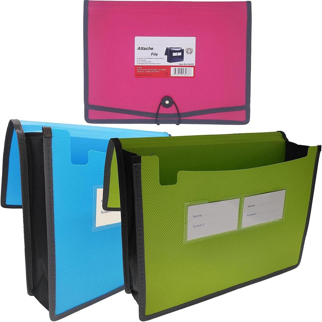 Expanding File Folder Document Organizer with Elastic Cord & Button Closure, Letter Size, 3.5" Expansion, Letter A4 Expandable File Folder for Home School Office Organization, 3 Pack (Green/Blue/Red)