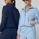 QINSEN Women's 2 Piece Outfits Long Sleeve Zip Up Lapel Sweatshirt Wide Leg Pants with Pockets Matching Sets Sky Blue, M