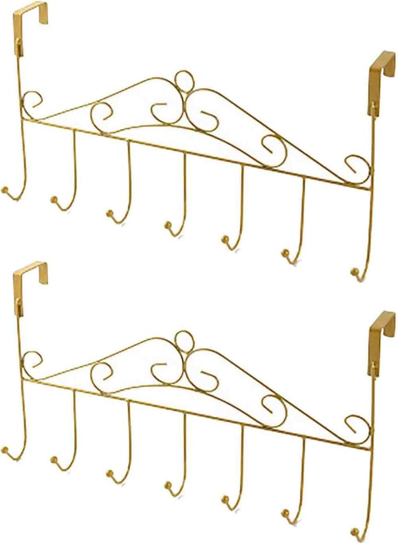 eywlwaar Gold Over The Door Hooks 7 Hanger Rack Heavy Decorative Metal Rack for Home Use Hats Coats Key Bag Clothes Scarfs Hooks (Golden) (2 Pack-Golden)