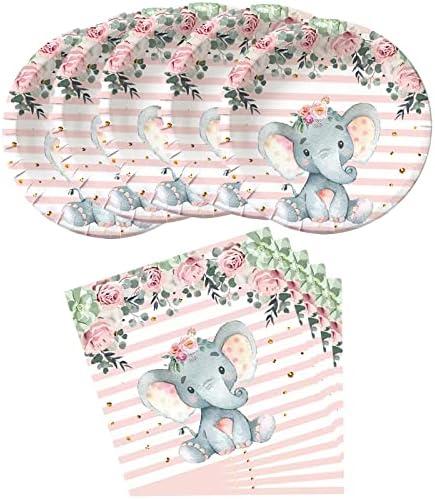HJFZLY Elephant Baby Shower, Pink Elephant Birthday Party Supplies, 20 Plates and 20 Napkins, Elephant Theme Birthday Party Decoration for Girl