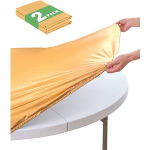 KeyWave Round Fitted Table Covers - 48-52 Inch Spandex Water-Resistant Tablecloth with Elastic, 2 Pack Circle Folding Table Cloths for Party Banquet Dining Room, Stamping Gold