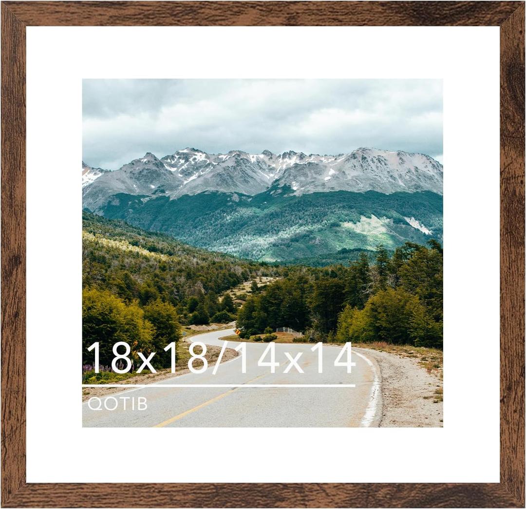 Wood 18x18 Picture Frame with 14x14 Mat Deep Brown, Display 14x14 with Mat or 18x18 without Mat, Wood 18 by 18 Photo Frame, 18 x 18 Frame for Wall Hanging Display, Deep Brown