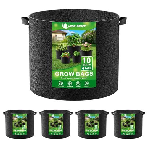 Land Guard 4-Pack Fabric Grow Bags 10 Gallon, Thickened Nonwoven Garden Pots, Growing Bags with Handles, Black