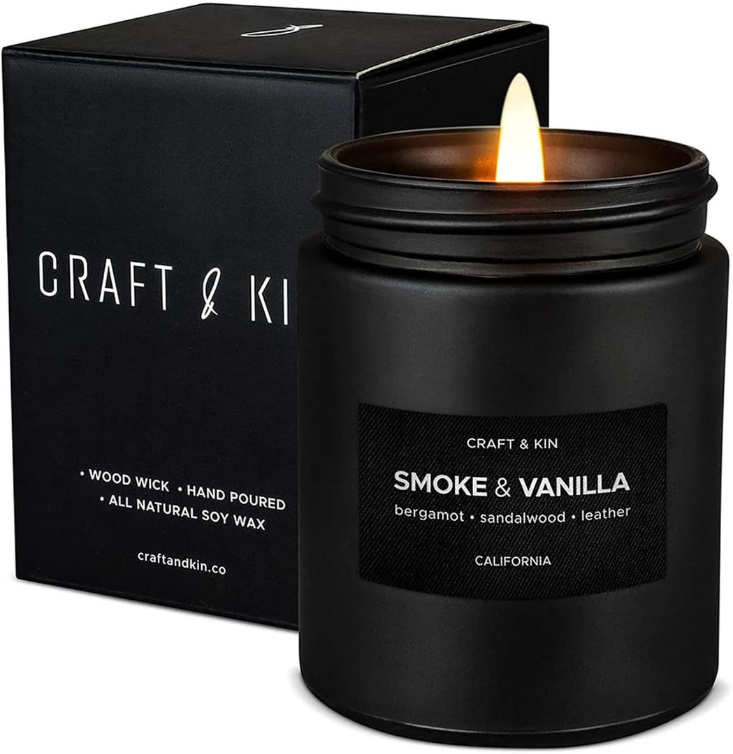 Craft & Kin Premium Smoke & Vanilla Candle | Black Scented Candles for Men | Long Lasting with 45 Hour Burn Time, 7.6oz | Soy Candle | Aromatherapy at Home | Gifts for Men