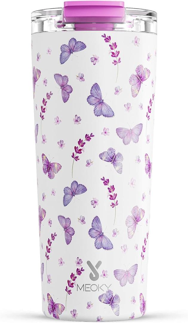 Meoky 24 oz Travel Coffee Mug with Leak-proof Lid, Stainless Steel Insulated Coffee Tumbler, Keeps Hot for 8 Hours or Cold for 24 Hours, Fits in Car Cup Holder (Lavender Butterfly)
