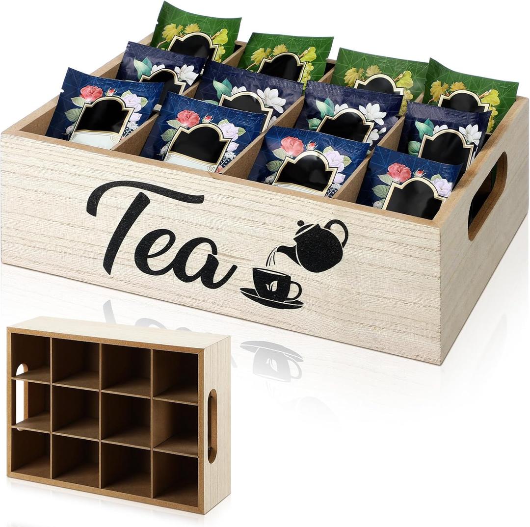 Bamboo Tea Bag Organizer with 12 Compartments Reusable Wooden Tea Box Holder Drawer with Handles Divided Storage Organizer for Coffee Station, Sugar Packets, Sweeteners, Small Packets