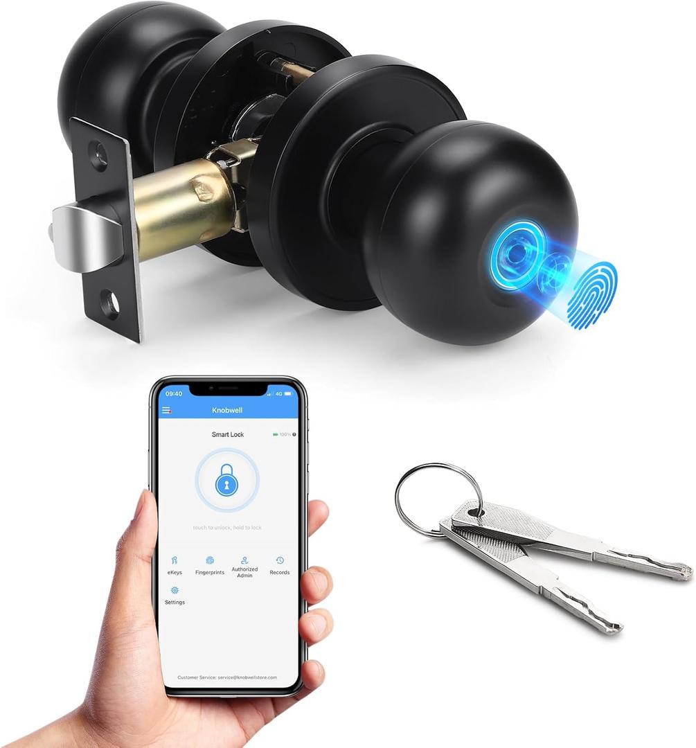 KNOBWELL Fingerprint Door Lock, Smart Door Knob, Keyless Entry Door Lock with APP Control, Biometric Fingerprint Door Knob with Auto Lock Easy Installation, Great for Bedroom, Apartment, Hotel (Dark Black)